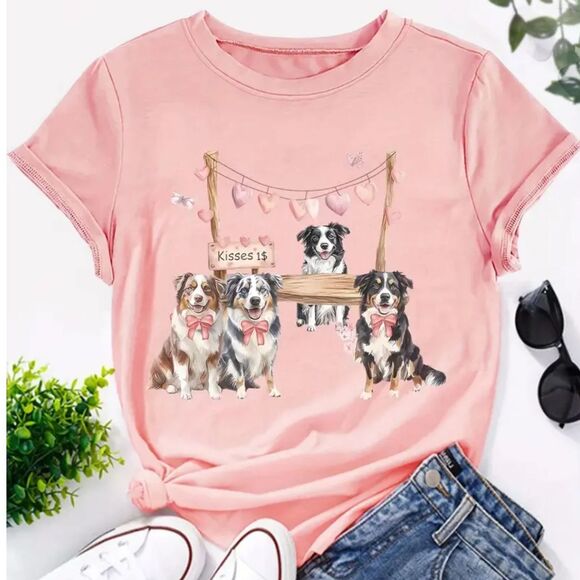 Pet Day Australian Shepherd Dog Kisses Casual Crew Neck T Shirt Ladies Size XXL - Picture 1 of 5
